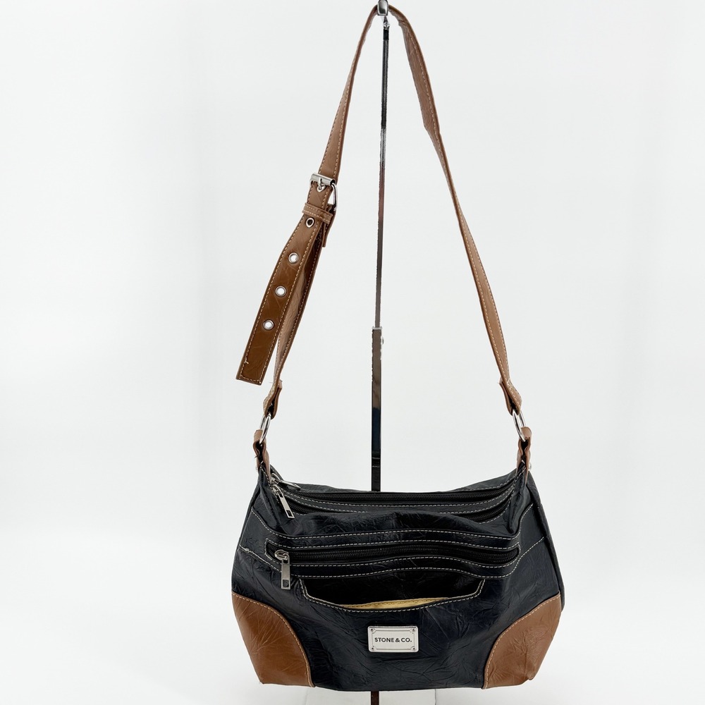 Stone & Co. Leather Crossbody Hobo Bag Black Tan Purse Zip Pocket Travel Neutral - Picture 2 of 15